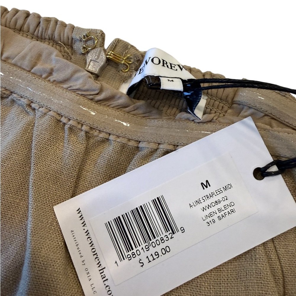 WeWoreWhat Revolve Tan Linen Blend A-Line Midi Strapless in SAFARI Pockets! Med - Picture 2 of 16